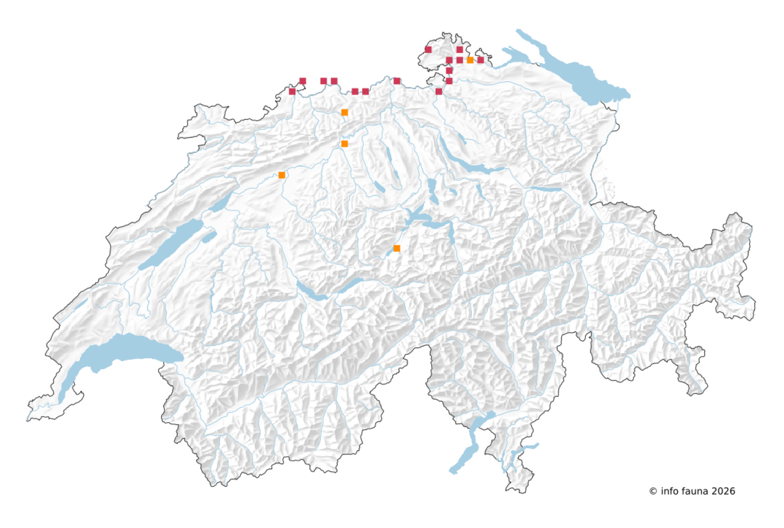 Beobachtungskarte von Ephemerella notata in der Schweiz