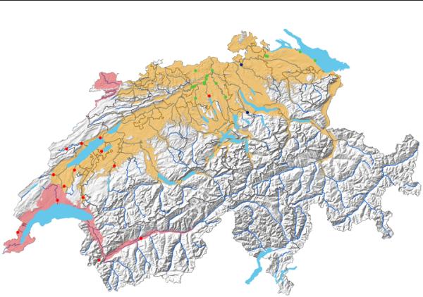 Aussetzungsorte der in der Schweiz wiederangesiedelten Biber (© info fauna)