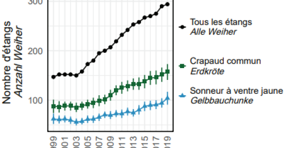 graphique montrant l'évolution du nombre d'étangs et du nombre de batraciens 